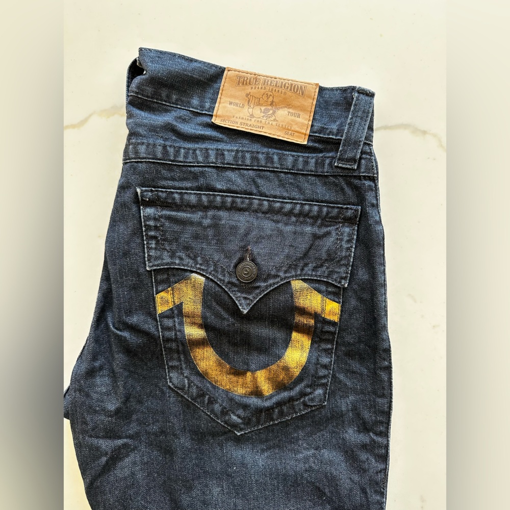 True Religion Men's Dark Blue Jeans with Gold Detail
